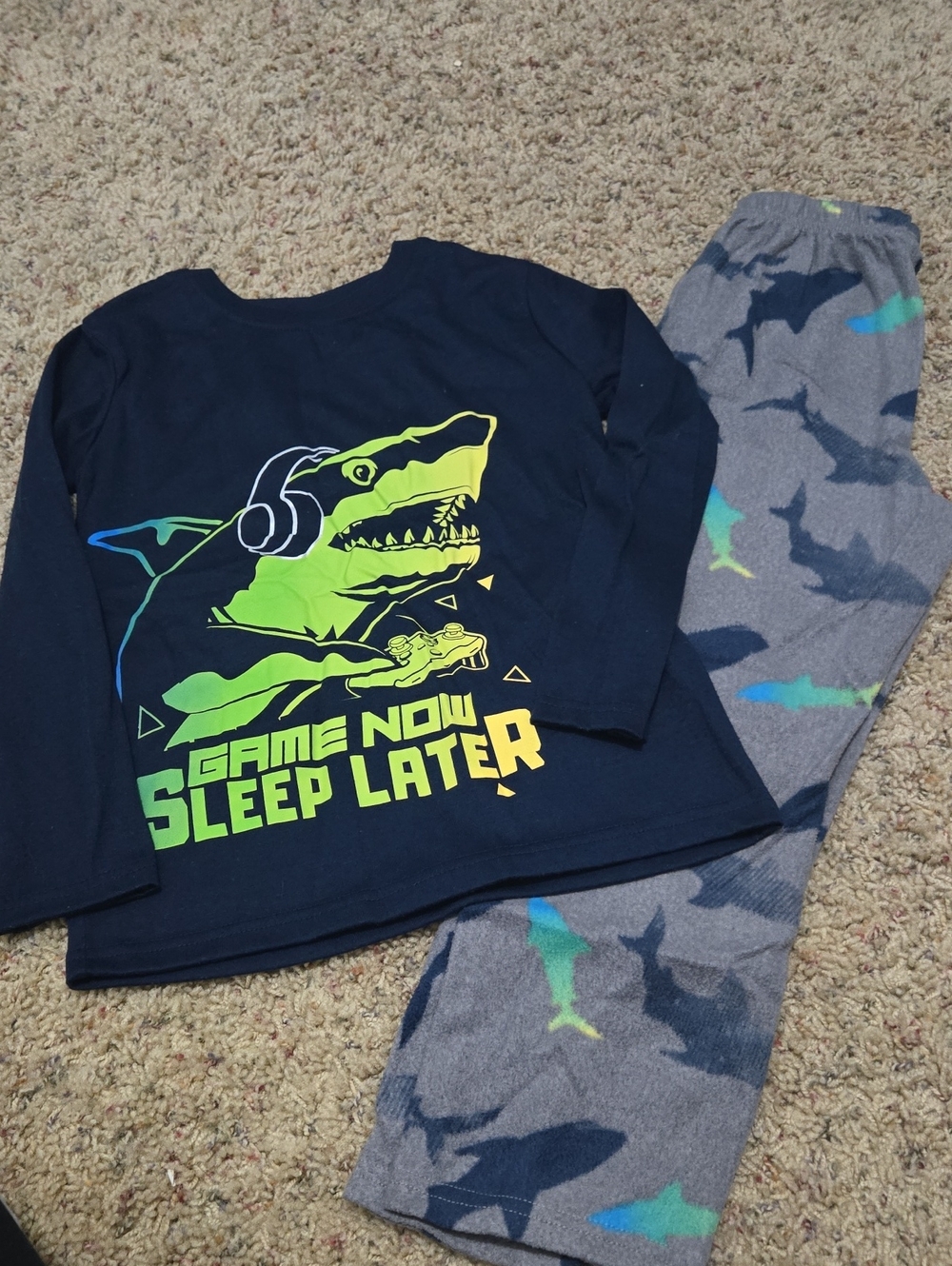 Boys wonder nation Navy and Neon Green Shark Gamer Pajama Set